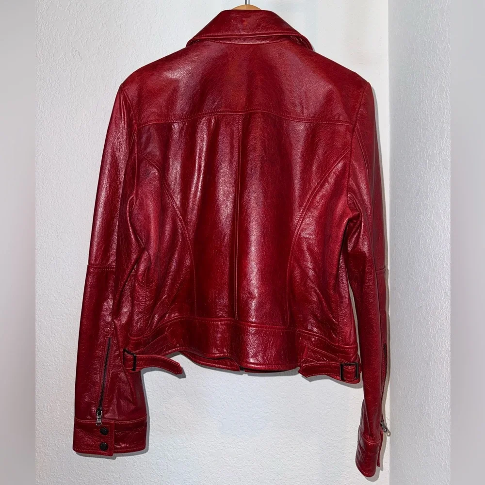 Women's Vintage Guess Los Angeles Maroon Red Leather Jacket Multi Pockets Large - Picture 4 of 15